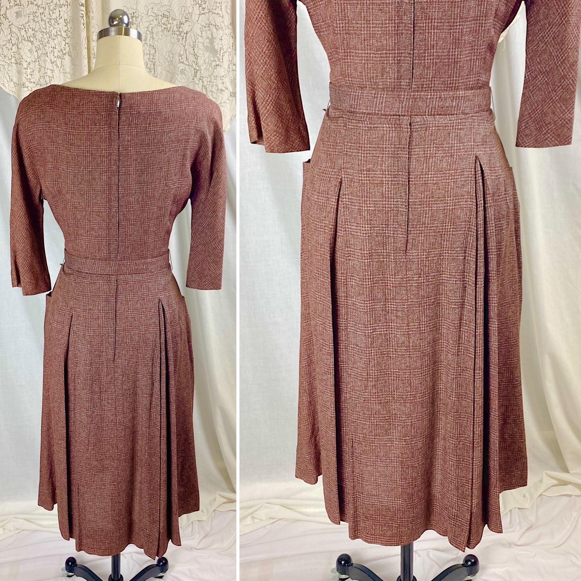 Vintage 1950's Dress | Brick Red Rayon Crepe with Check Pattern | Size M | L'Aiglon