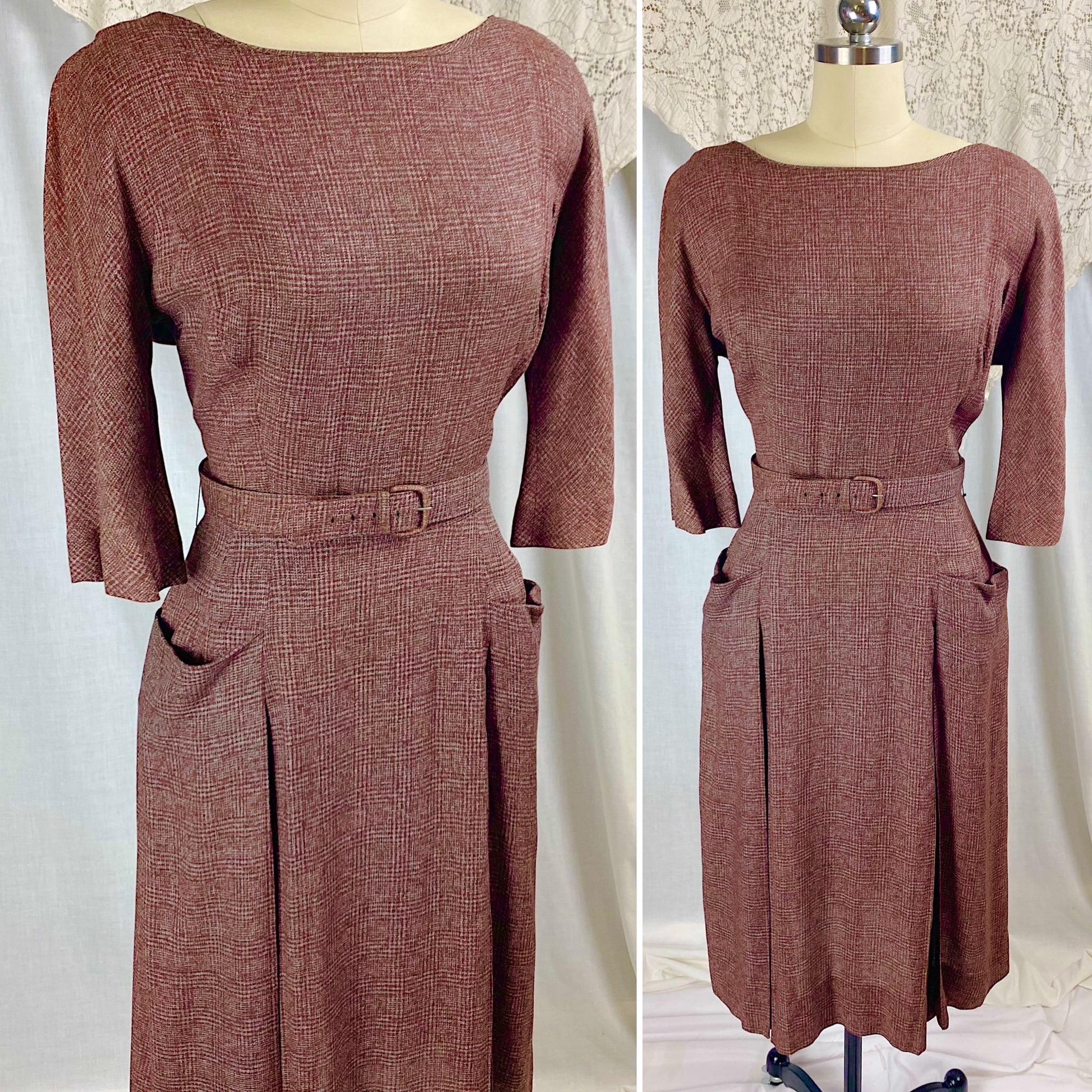 Vintage 1950's Dress | Brick Red Rayon Crepe with Check Pattern | Size M | L'Aiglon