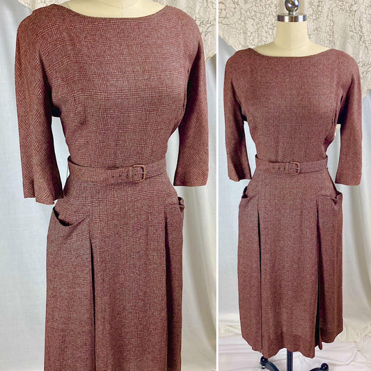 Vintage 1950's Dress | Brick Red Rayon Crepe with Check Pattern | Size M | L'Aiglon