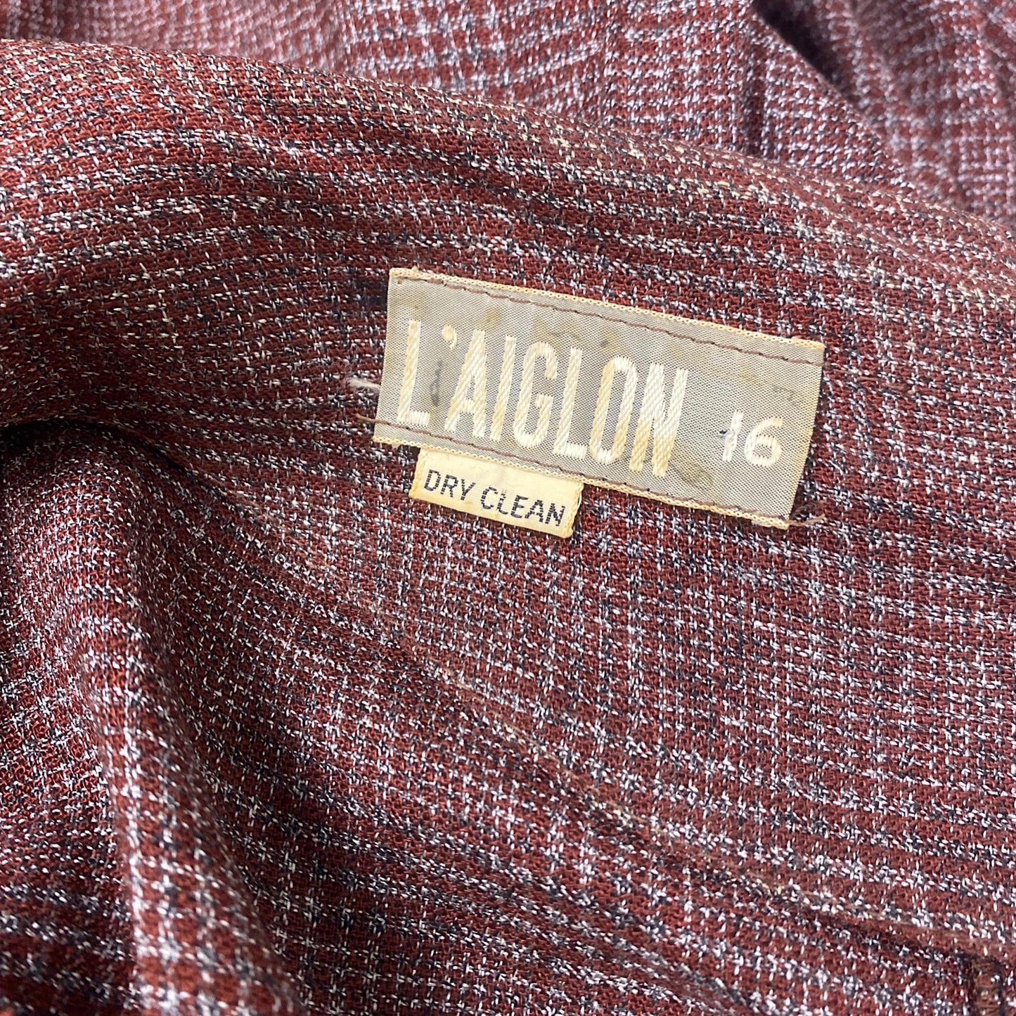 Vintage 1950's Dress | Brick Red Rayon Crepe with Check Pattern | Size M | L'Aiglon