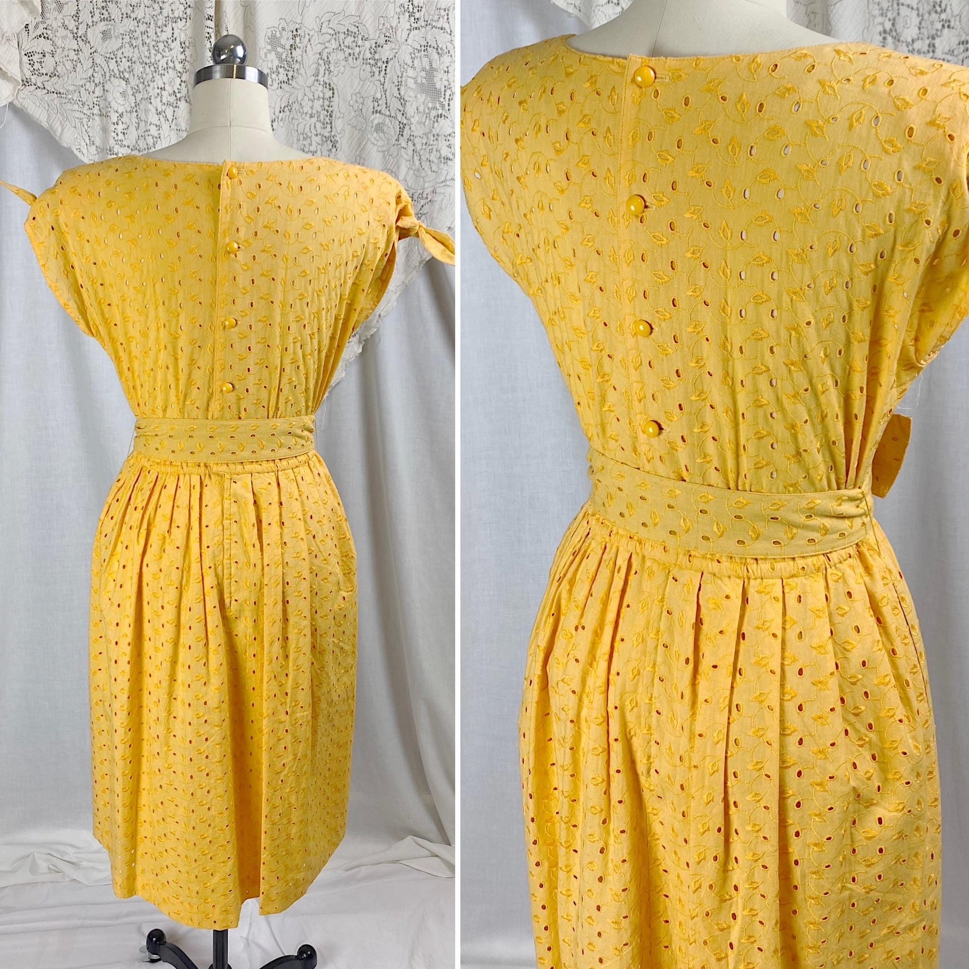 Vintage 1960's Dress | Dandelion Yellow Eyelet Cotton with Button Closure | Size S