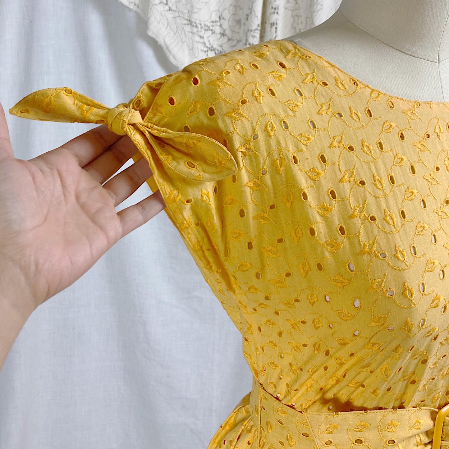 Vintage 1960's Dress | Dandelion Yellow Eyelet Cotton with Button Closure | Size S