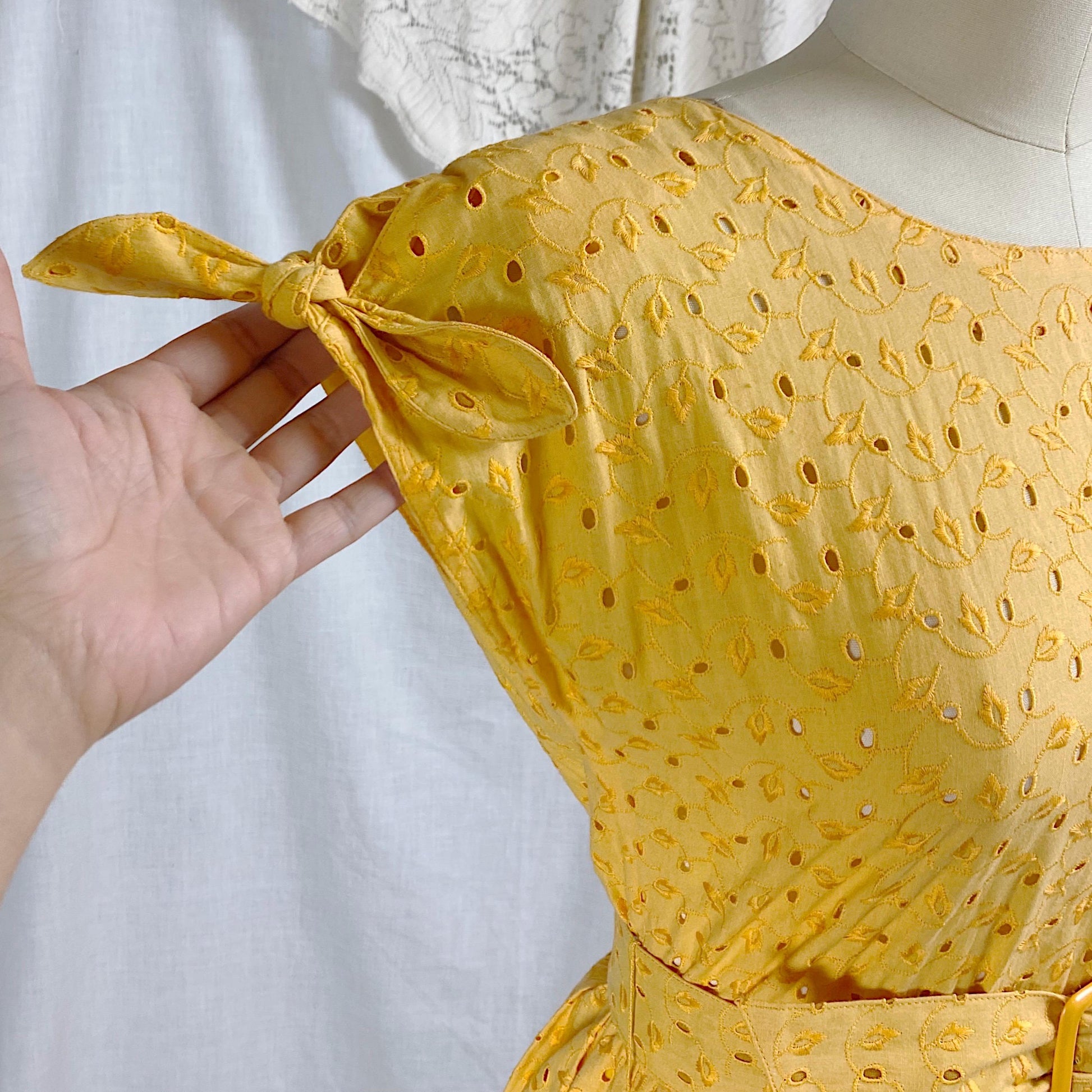 Vintage 1960's Dress | Dandelion Yellow Eyelet Cotton with Button Closure | Size S