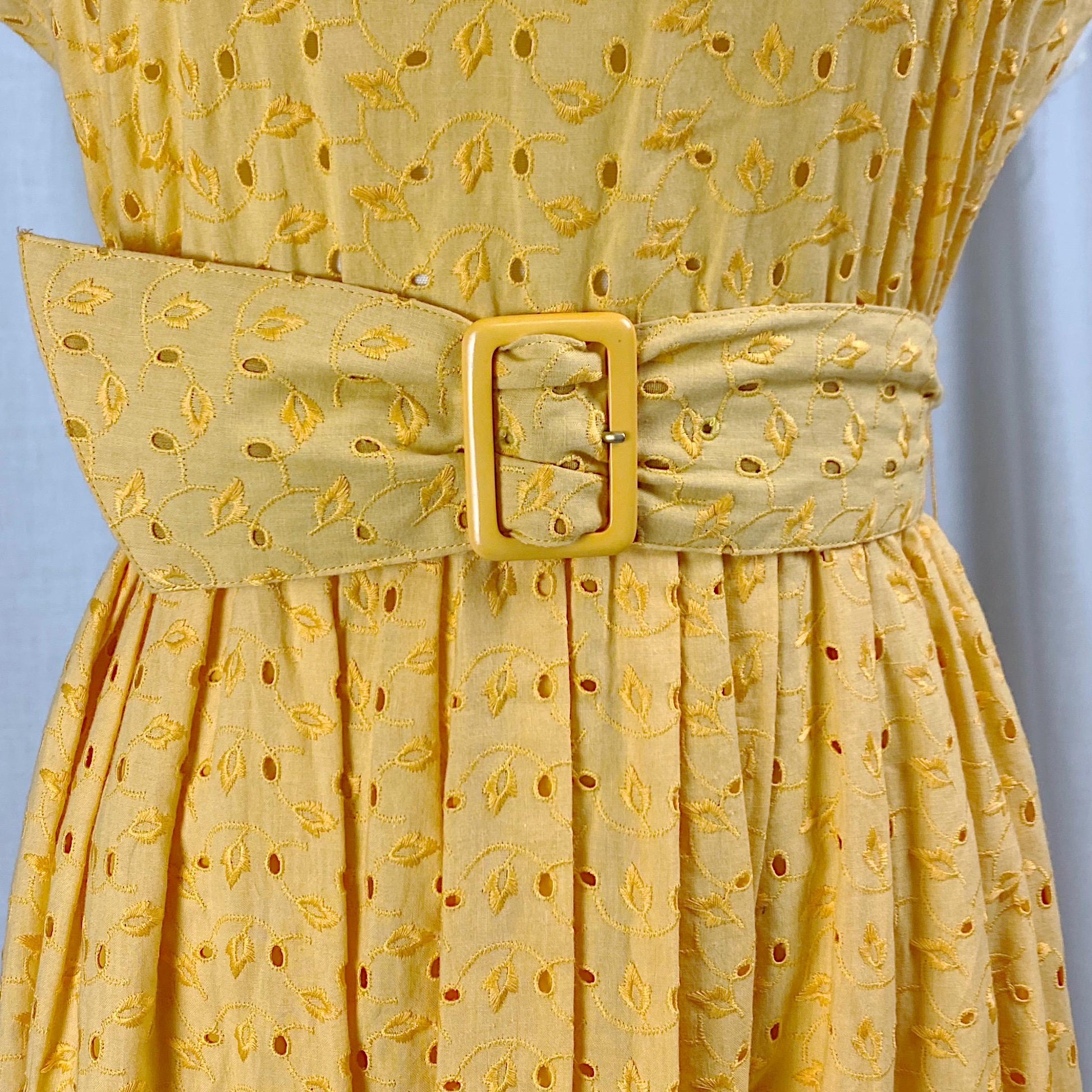 Vintage 1960's Dress | Dandelion Yellow Eyelet Cotton with Button Closure | Size S