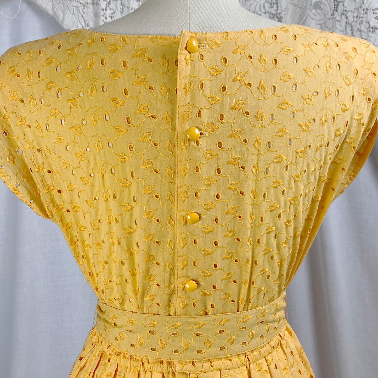 Vintage 1960's Dress | Dandelion Yellow Eyelet Cotton with Button Closure | Size S