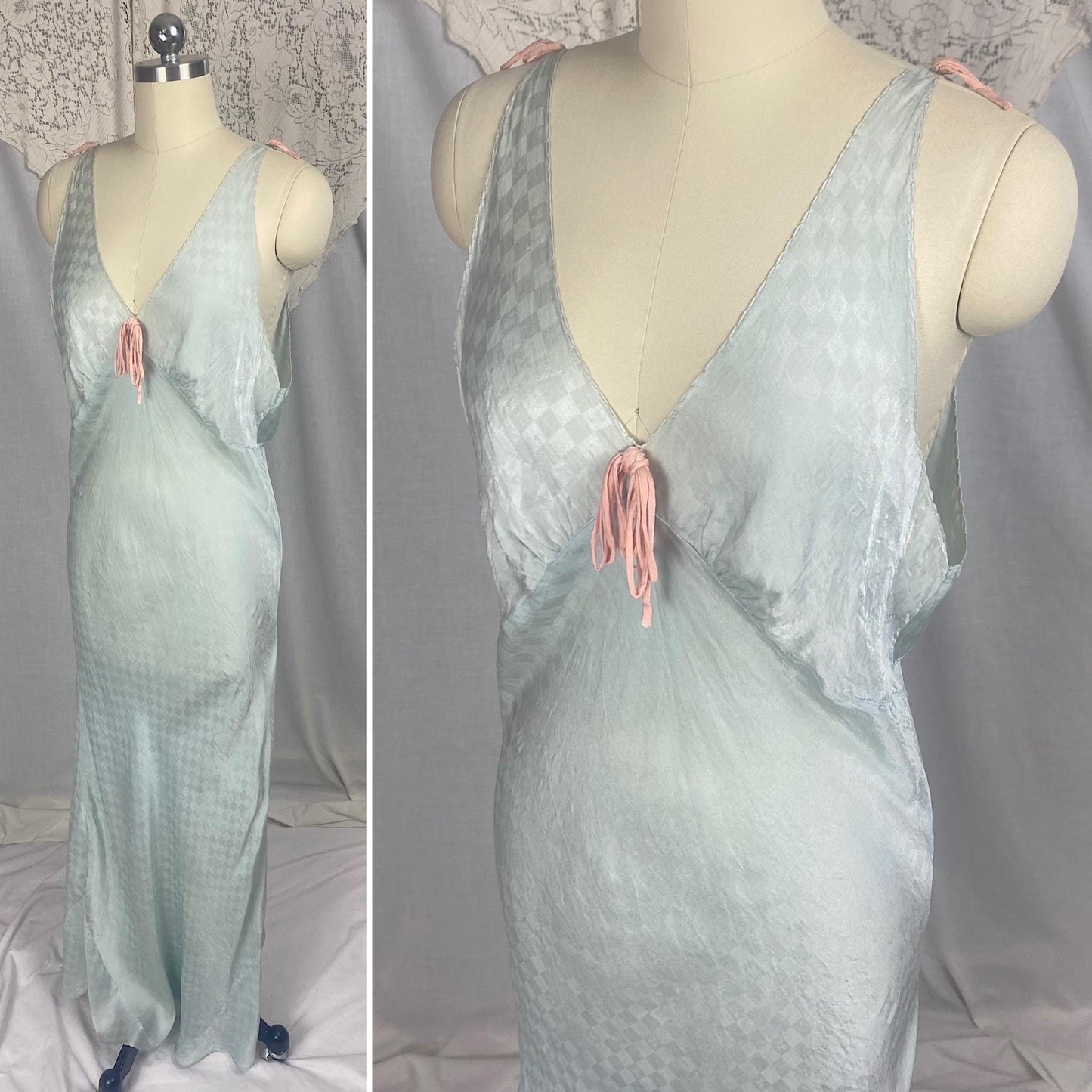 Vintage 1930's Nightgown | Dusty Blue Silk with Diamond Satin Damask Print & Pink Silk Bow | Size M, LG