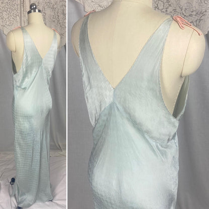 Vintage 1930's Nightgown | Dusty Blue Silk with Diamond Satin Damask Print & Pink Silk Bow | Size M, LG