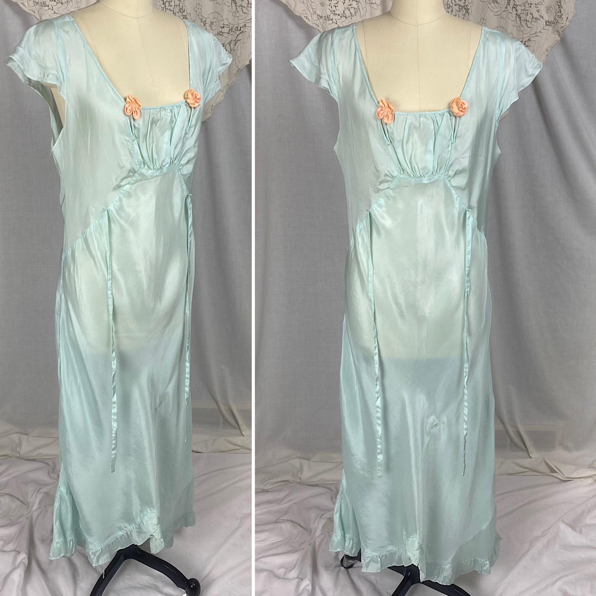 Vintage 1930's - 1940's Nightgown | Sky Blue Silk with Coral Pink Rosettes & Ruffled Hem | Size M, LG