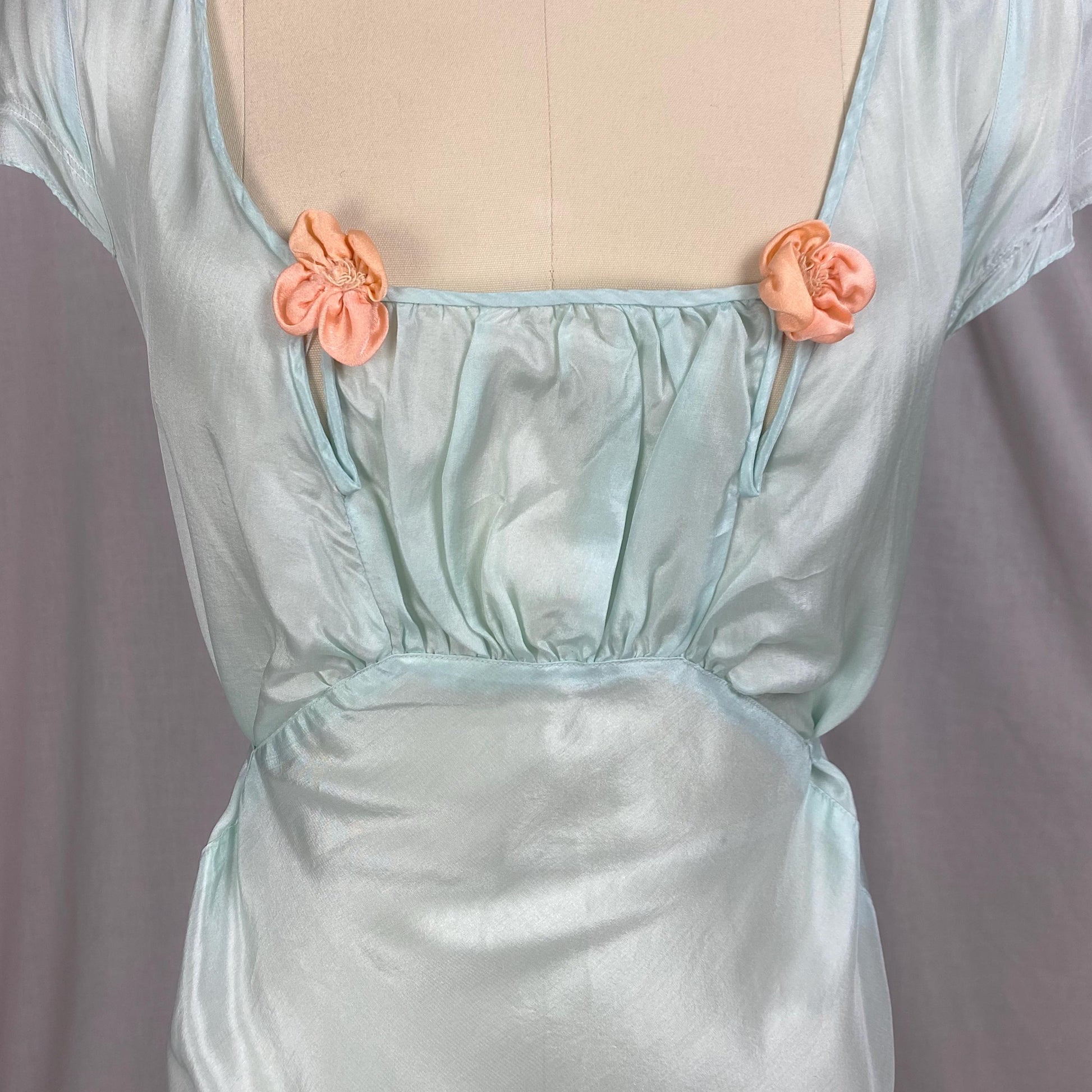 Vintage 1930's - 1940's Nightgown | Sky Blue Silk with Coral Pink Rosettes & Ruffled Hem | Size M, LG