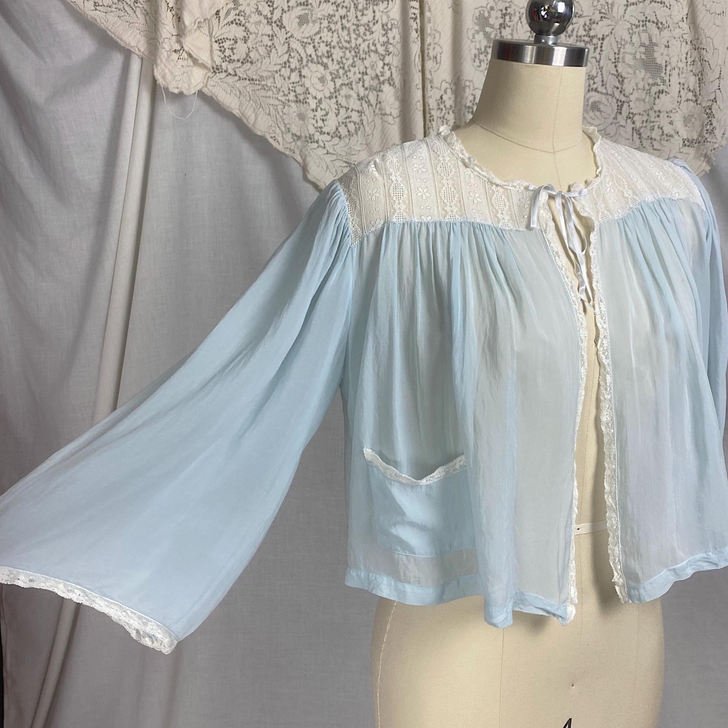 Vintage 1940's - 1950's Bed Jacket | Sheer Baby Blue Rayon Chiffon with White Lace & Wide Belled Sleeves | Size S, M | Wonder Maid