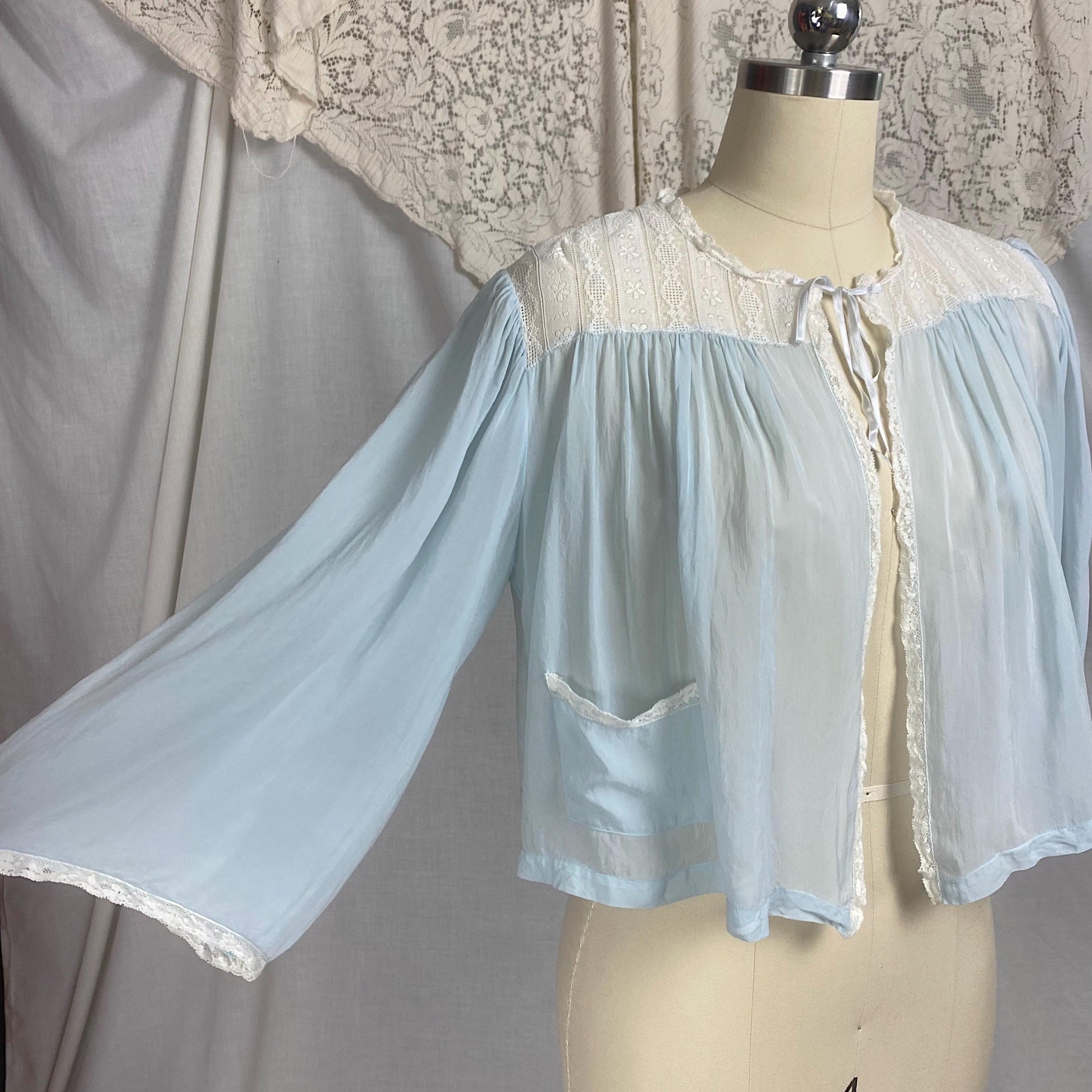 Vintage 1940's - 1950's Bed Jacket | Sheer Baby Blue Rayon Chiffon with White Lace & Wide Belled Sleeves | Size S, M | Wonder Maid