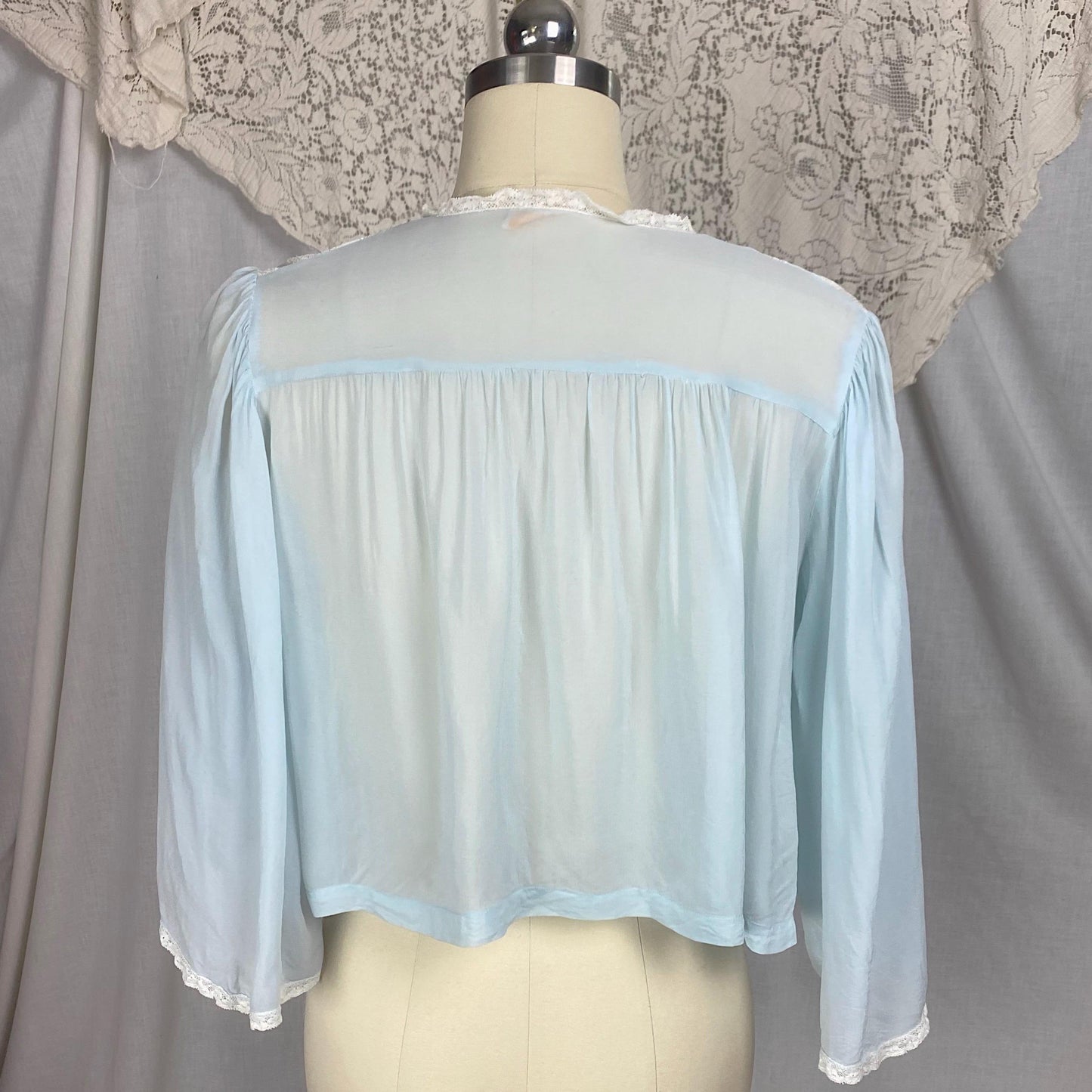 Vintage 1940's - 1950's Bed Jacket | Sheer Baby Blue Rayon Chiffon with White Lace & Wide Belled Sleeves | Size S, M | Wonder Maid