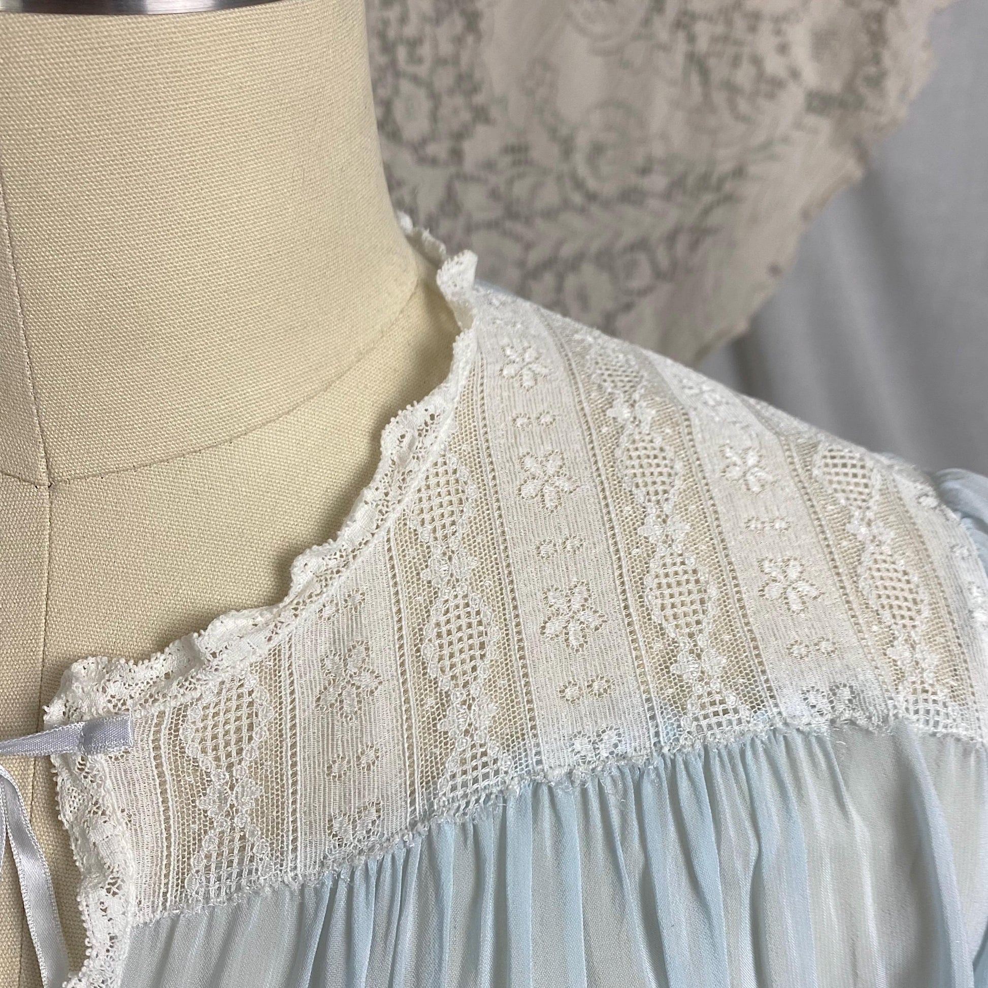 Vintage 1940's - 1950's Bed Jacket | Sheer Baby Blue Rayon Chiffon with White Lace & Wide Belled Sleeves | Size S, M | Wonder Maid