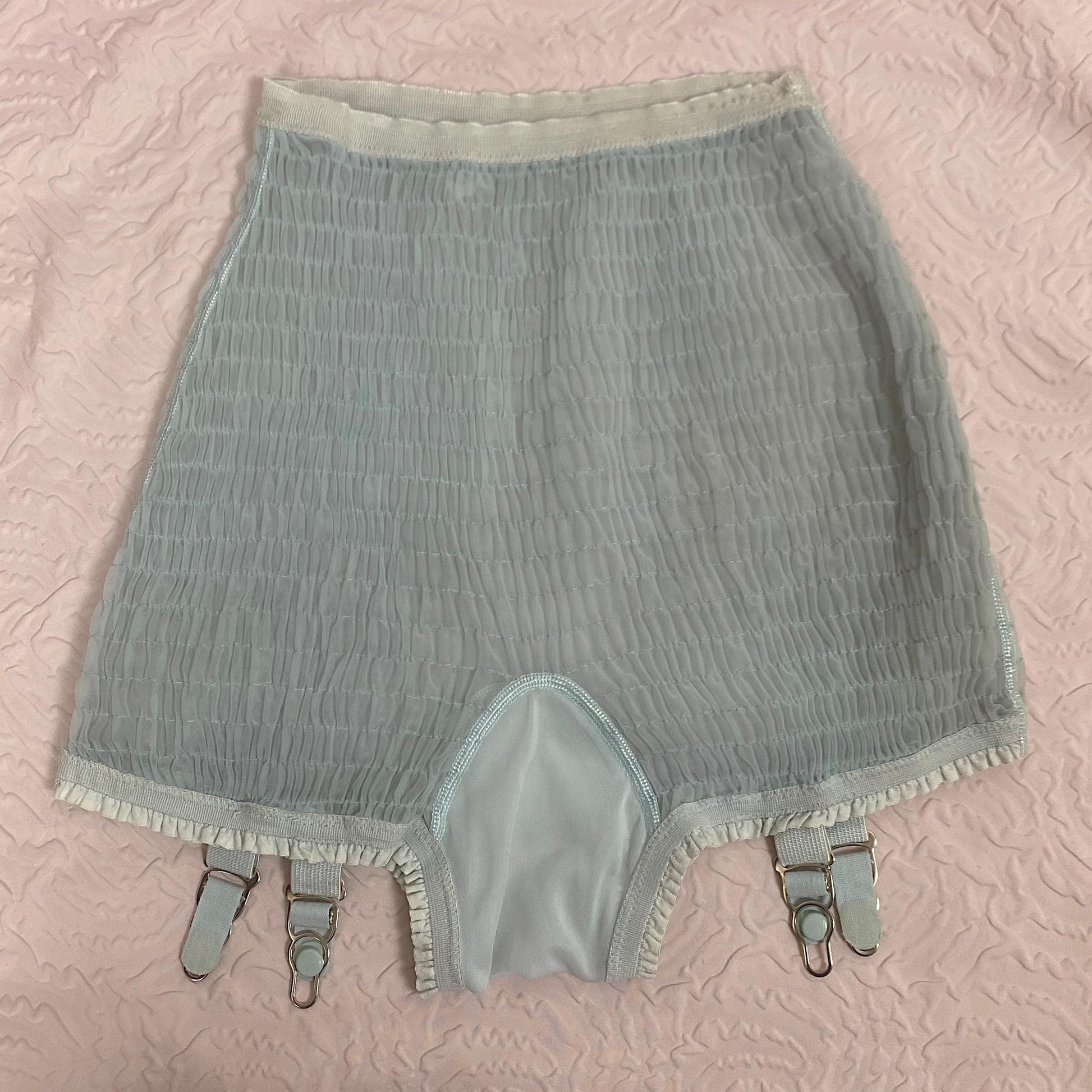 Vintage 1950's Garter Panties | Sheer Baby Blue Nylon Chiffon with Shirring Detail & Detachable Garters | Size S | Pangees by Beau Monde