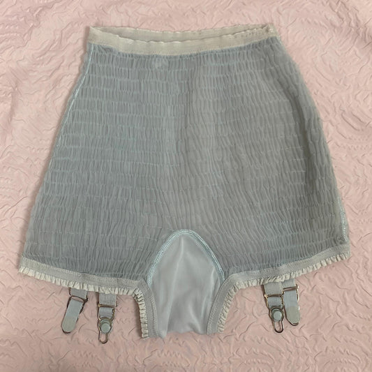 Vintage 1950's Garter Panties | Sheer Baby Blue Nylon Chiffon with Shirring Detail & Detachable Garters | Size S | Pangees by Beau Monde