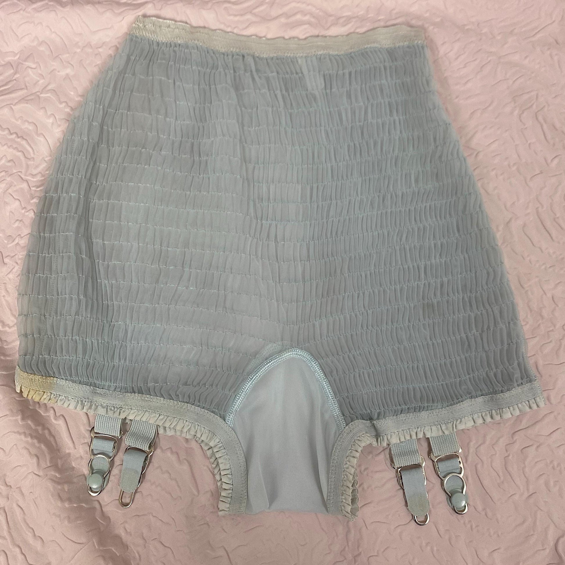 Vintage 1950's Garter Panties | Sheer Baby Blue Nylon Chiffon with Shirring Detail & Detachable Garters | Size S | Pangees by Beau Monde