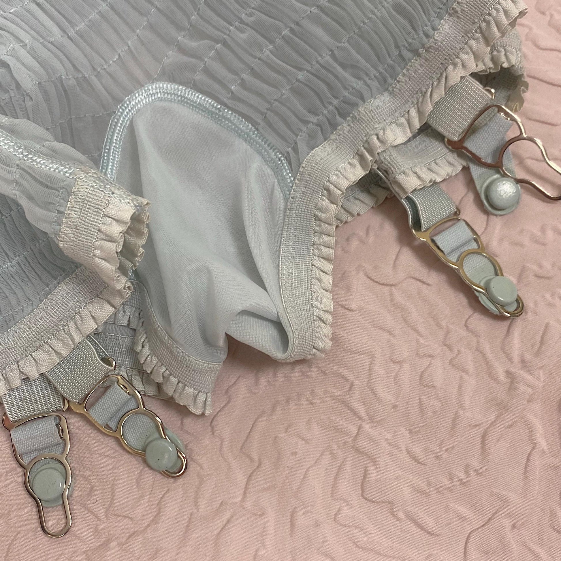 Vintage 1950's Garter Panties | Sheer Baby Blue Nylon Chiffon with Shirring Detail & Detachable Garters | Size S | Pangees by Beau Monde