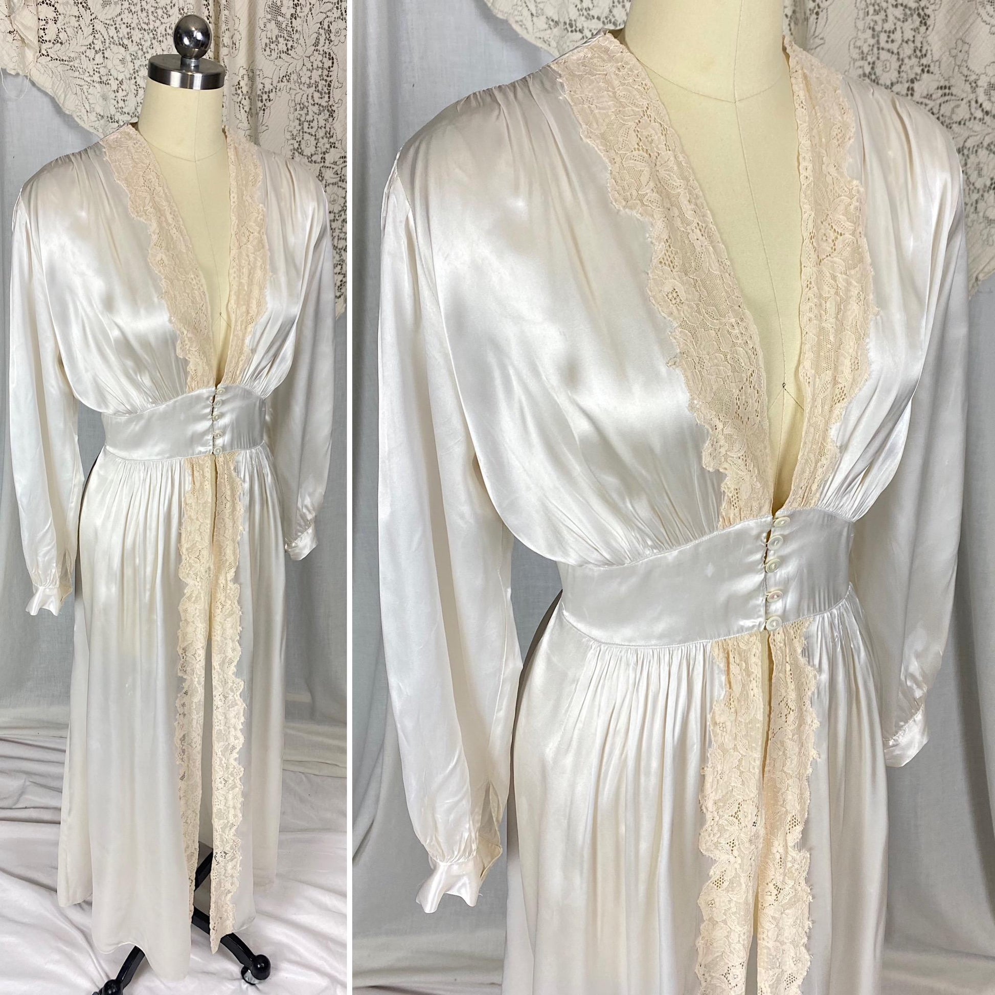 Vintage 1940's Dressing Gown Robe | Pearly White Rayon Satin with Ecru Floral Lace & Shell Buttons | Size LG, XLG | Tranel