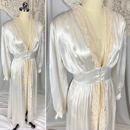 Vintage 1940's Dressing Gown Robe | Pearly White Rayon Satin with Ecru Floral Lace & Shell Buttons | Size LG, XLG | Tranel