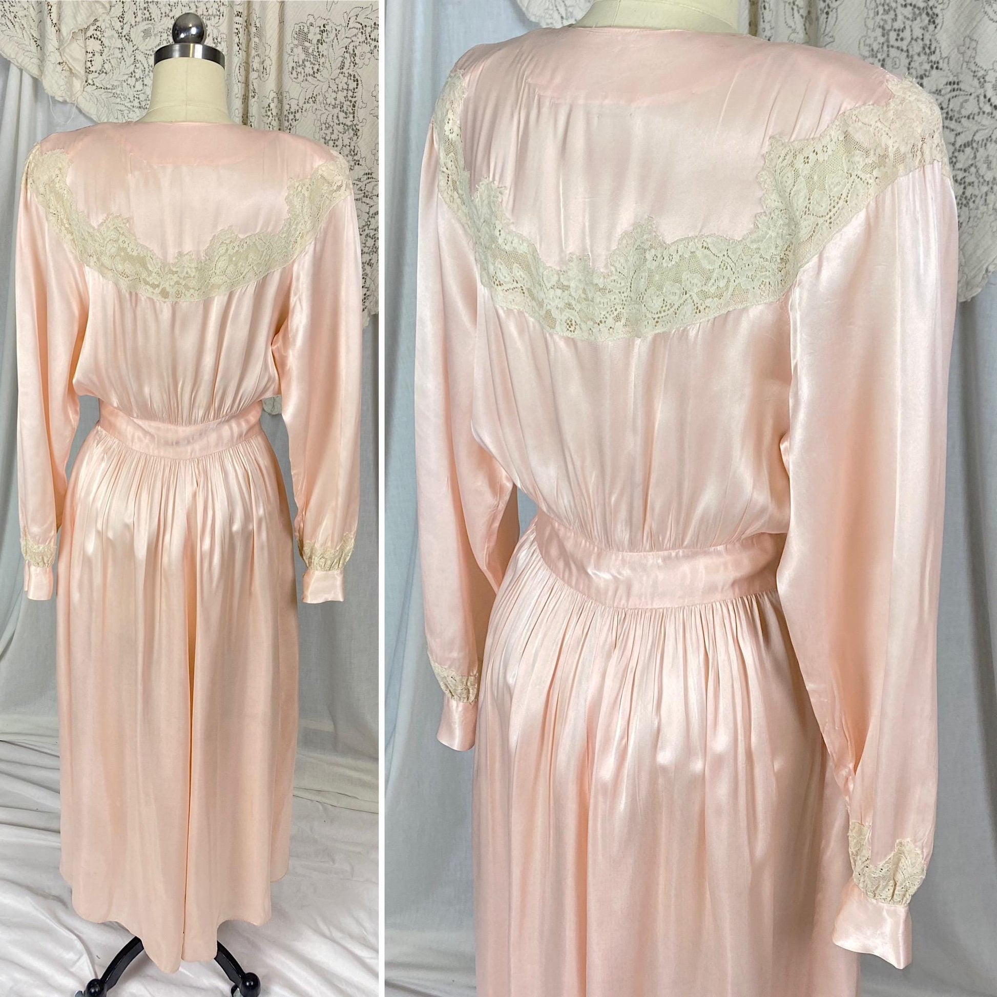 Vintage 1940's Dressing Gown Robe | Pale Petal Pink Rayon Satin with Floral Cotton Lace | Size S