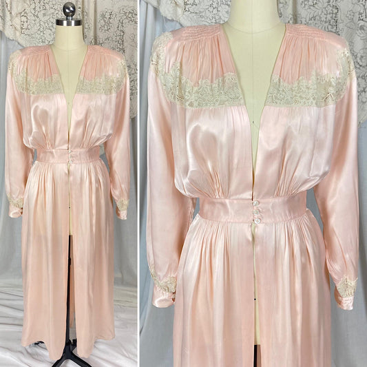 Vintage 1940's Dressing Gown Robe | Pale Petal Pink Rayon Satin with Floral Cotton Lace | Size S