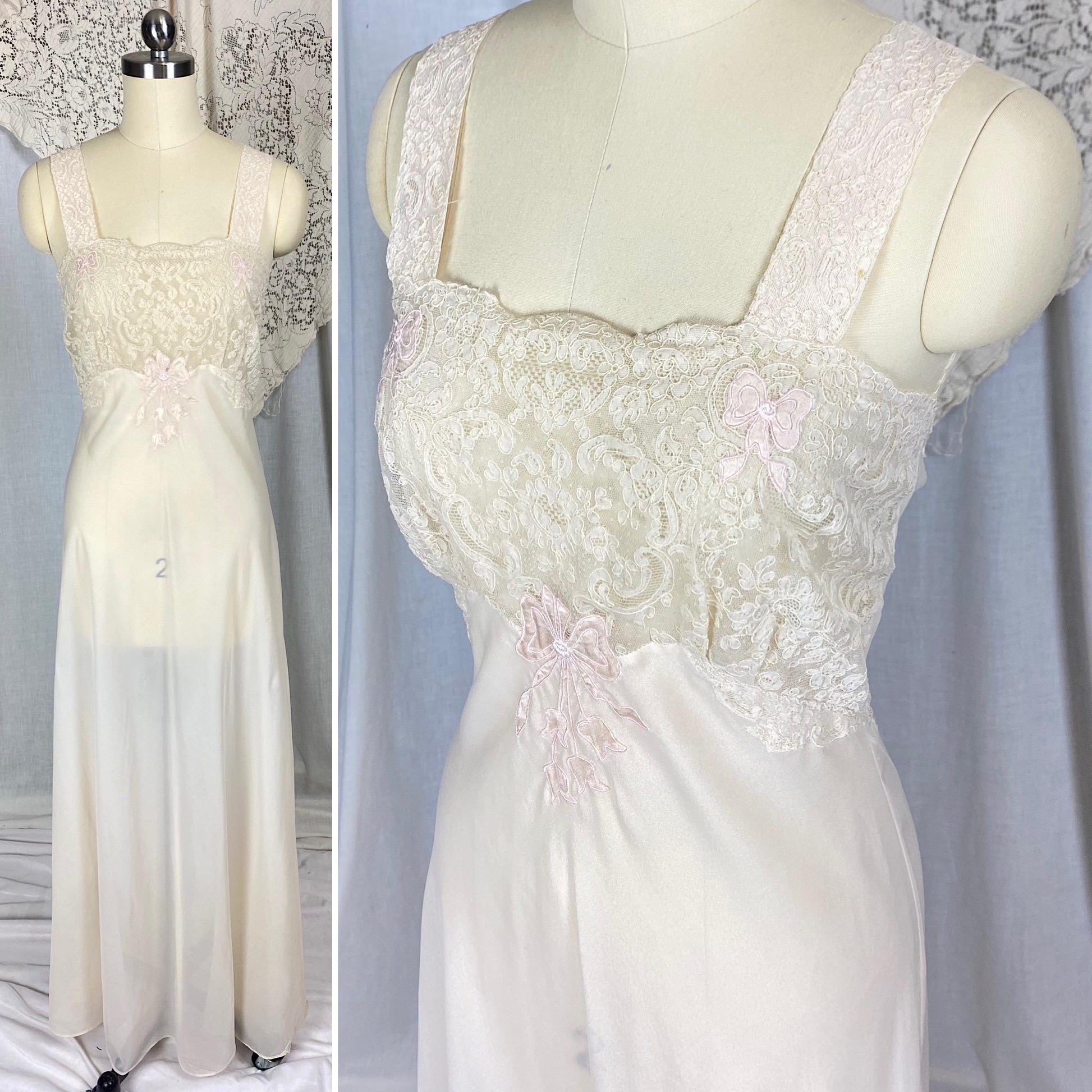Vintage 1950's - 1960's Nightgown | Sheer Buttercream Nylon Crepe with Intricate Alencon Lace & Pink Silk Appliques | Size XS