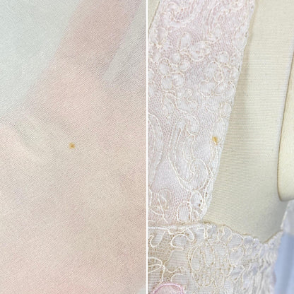 Vintage 1950's - 1960's Nightgown | Sheer Buttercream Nylon Crepe with Intricate Alencon Lace & Pink Silk Appliques | Size XS