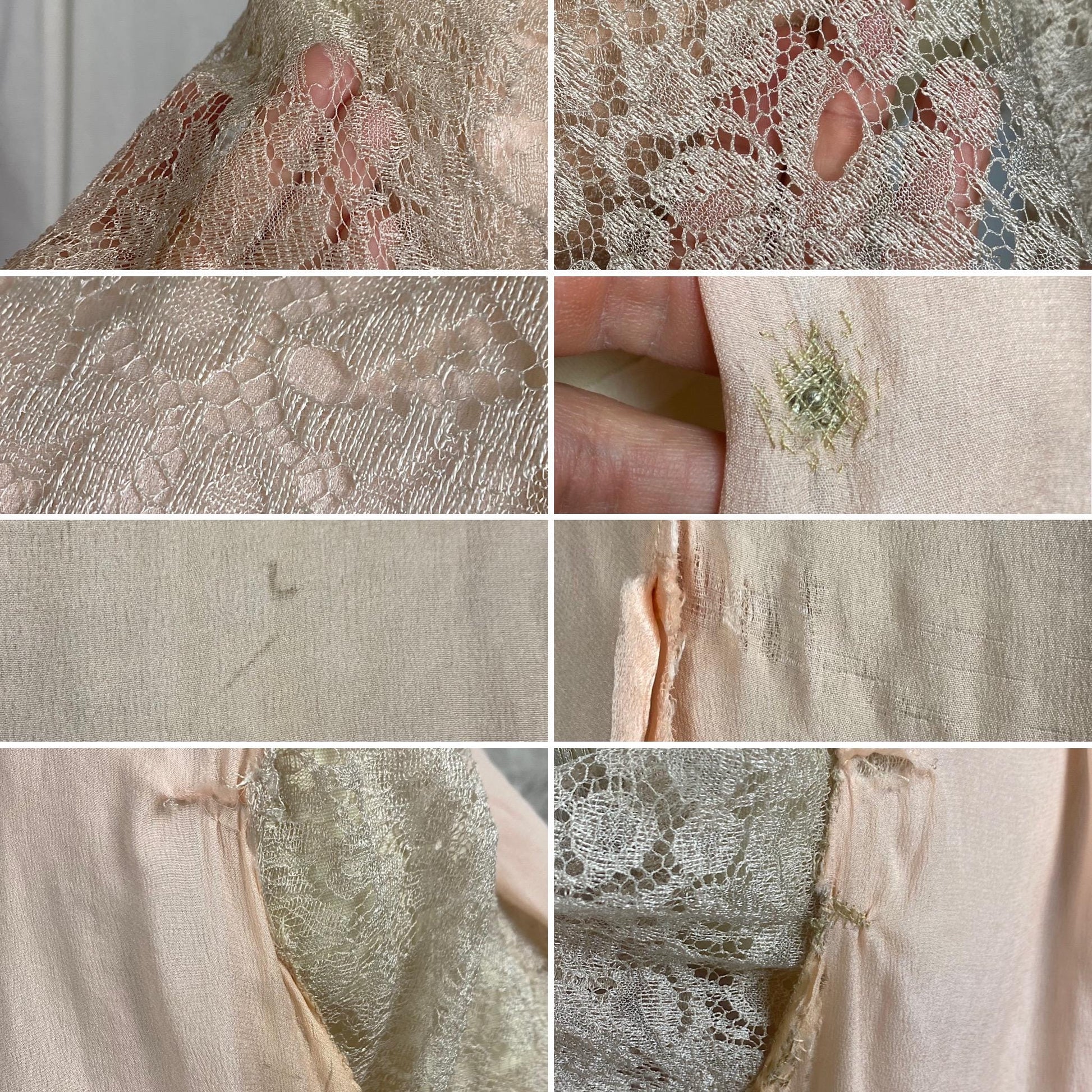 Vintage 1930's Dressing Gown Robe | Pale Bronze Floral Chantilly Lace with Rose Pink Silk Charmeuse Lining | Size XS