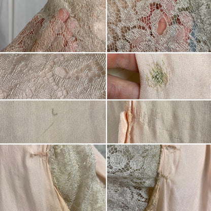 Vintage 1930's Dressing Gown Robe | Pale Bronze Floral Chantilly Lace with Rose Pink Silk Charmeuse Lining | Size XS
