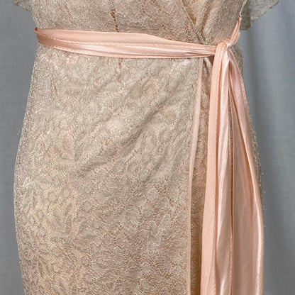 Vintage 1930's Dressing Gown Robe | Pale Bronze Floral Chantilly Lace with Rose Pink Silk Charmeuse Lining | Size XS