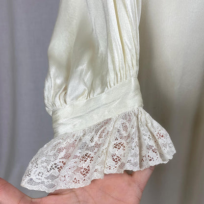 Vintage 1940's Dressing Gown Robe | Pearl White Rayon Satin with Ruffled Cotton Lace & Faux Cape | Size S, M, LG