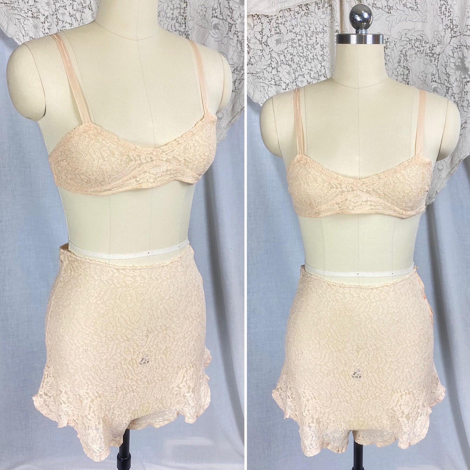 Vintage 1920's - 1930's Bralette & Tap Pants Lingerie Set | Pastel Peach Floral Cotton Lace with Silk Ribbon Straps | Size S | Wonder Maid