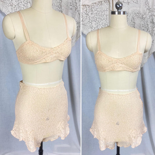 Vintage 1920's - 1930's Bralette & Tap Pants Lingerie Set | Pastel Peach Floral Cotton Lace with Silk Ribbon Straps | Size S | Wonder Maid