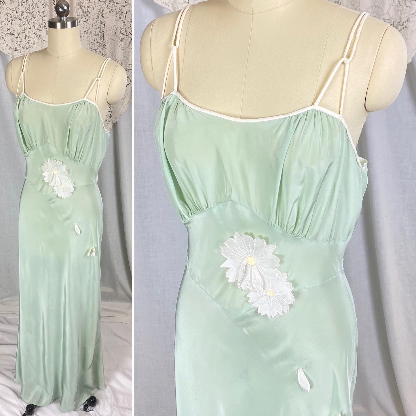Vintage 1940's - 1950's Nightgown | Sage Green Rayon with White Chiffon Daisy Flower Appliqués | Size S, M | Artemis