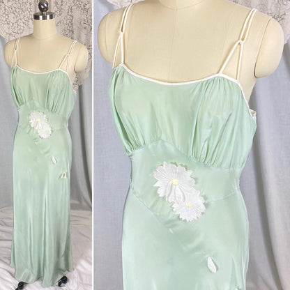 Vintage 1940's - 1950's Nightgown | Sage Green Rayon with White Chiffon Daisy Flower Appliqués | Size S, M | Artemis