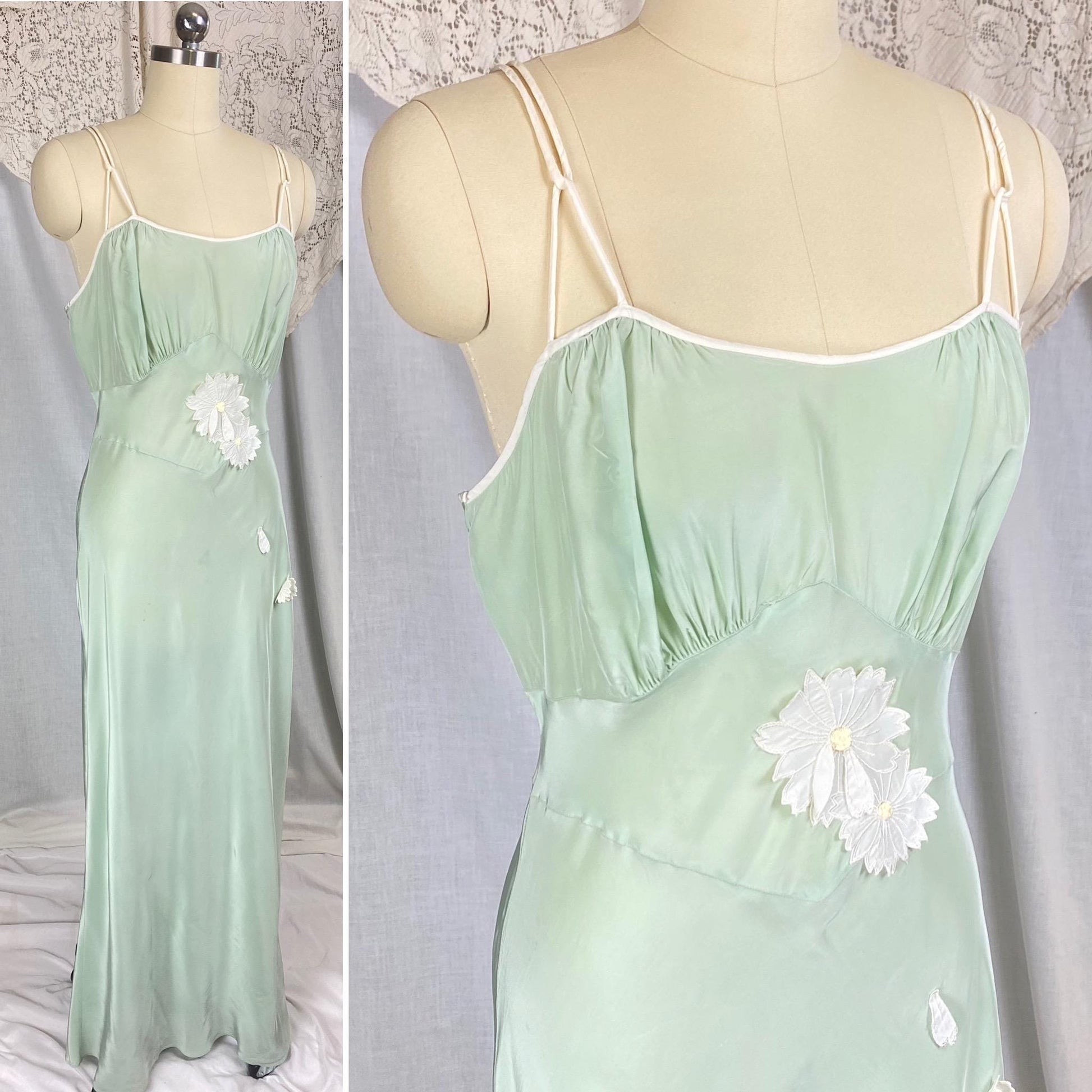 Vintage 1940's - 1950's Nightgown | Sage Green Rayon with White Chiffon Daisy Flower Appliqués | Size S, M | Artemis