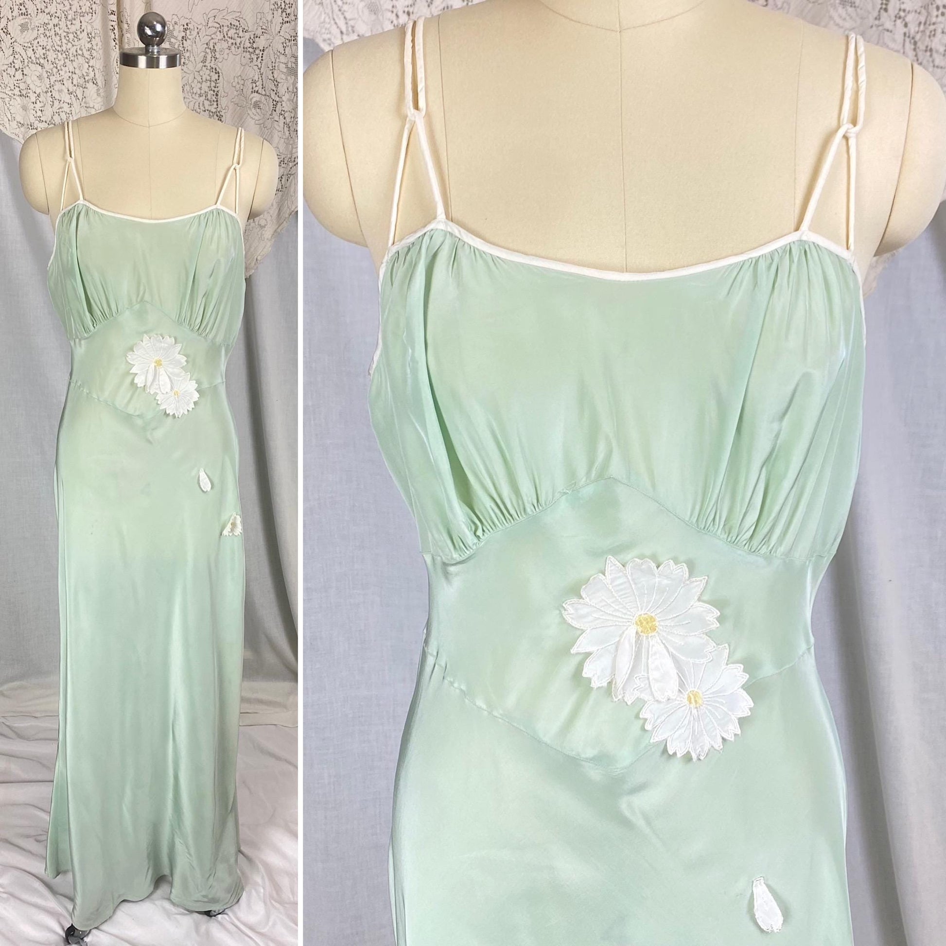 Vintage 1940's - 1950's Nightgown | Sage Green Rayon with White Chiffon Daisy Flower Appliqués | Size S, M | Artemis