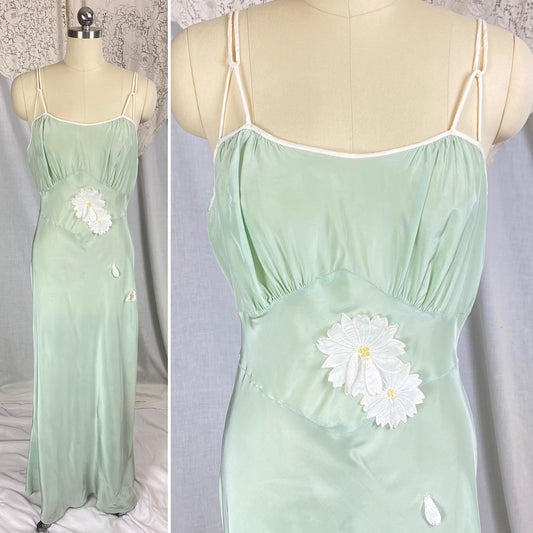 Vintage 1940's - 1950's Nightgown | Sage Green Rayon with White Chiffon Daisy Flower Appliqués | Size S, M | Artemis