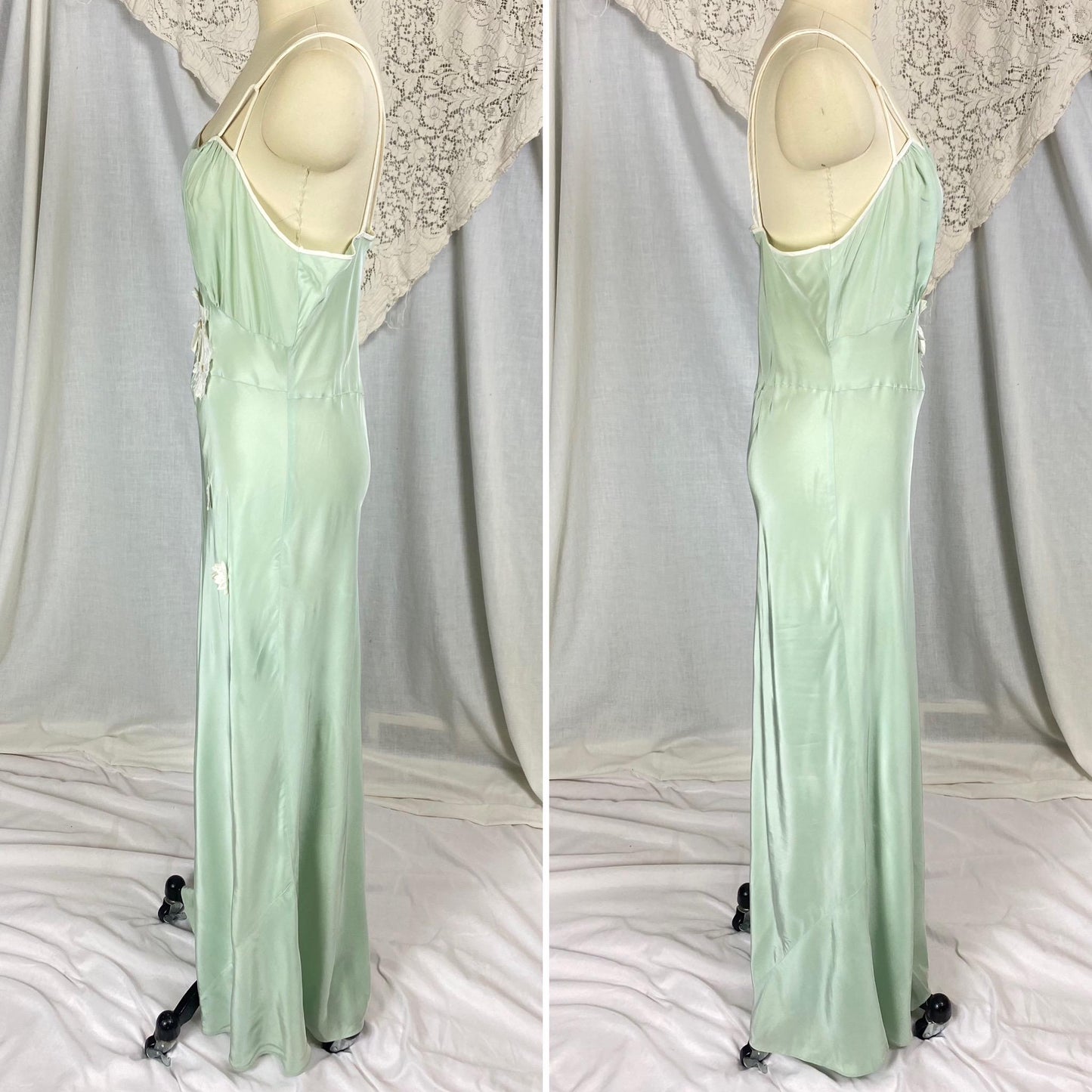Vintage 1940's - 1950's Nightgown | Sage Green Rayon with White Chiffon Daisy Flower Appliqués | Size S, M | Artemis