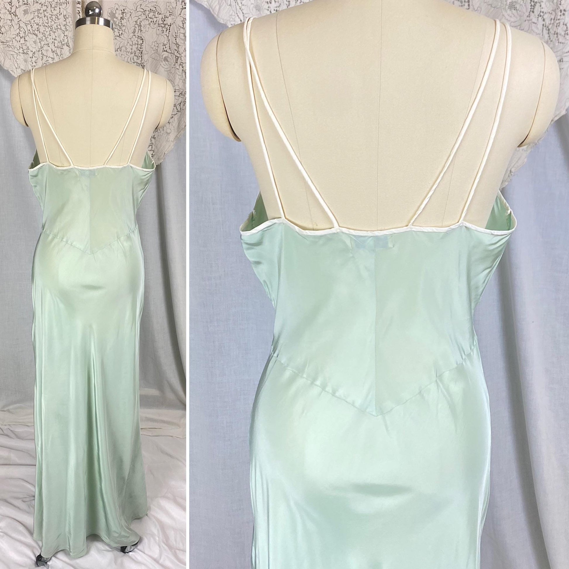 Vintage 1940's - 1950's Nightgown | Sage Green Rayon with White Chiffon Daisy Flower Appliqués | Size S, M | Artemis