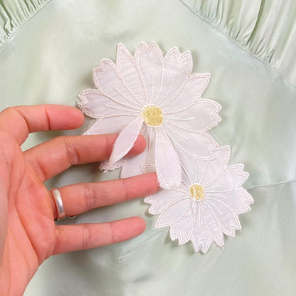 Vintage 1940's - 1950's Nightgown | Sage Green Rayon with White Chiffon Daisy Flower Appliqués | Size S, M | Artemis