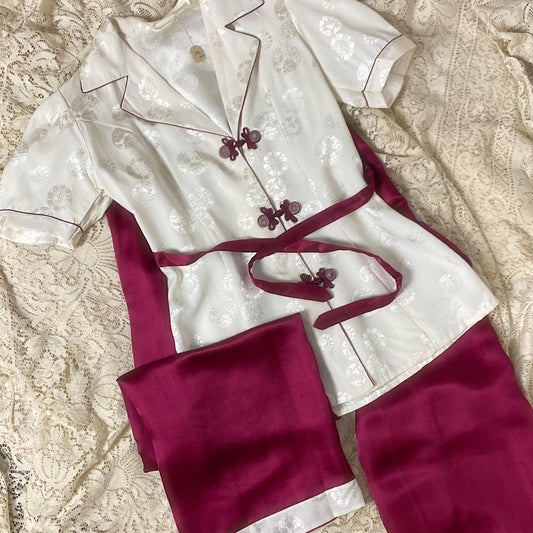 Vintage 1940's - 1950's Lounge Set | Cream Satin Damask & Magenta Pink Silk with Frog Buttons | Size S, M | Unworn with Tag