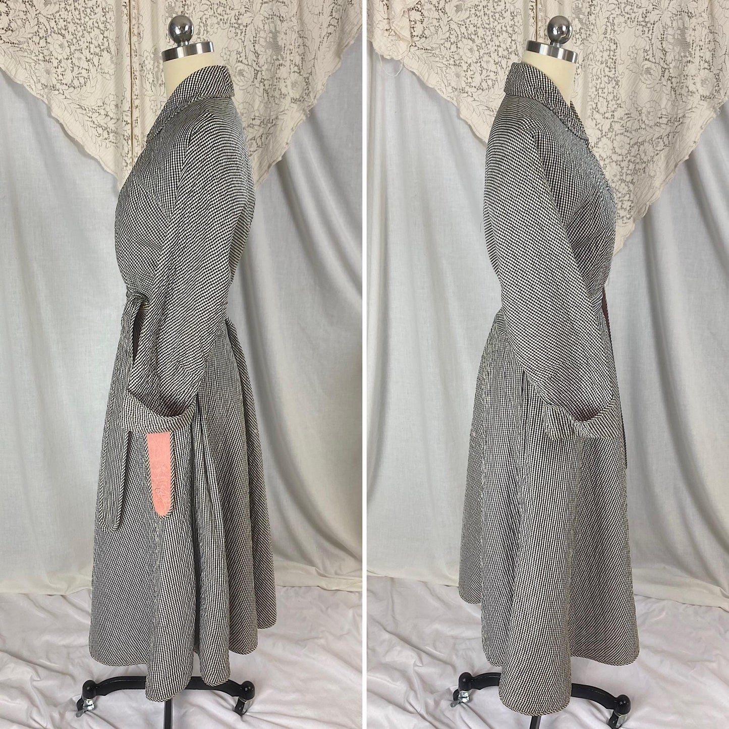 Vintage 1950's Hostess Dress | Quilted Black & White Houndstooth Rayon Taffeta with Pink Lining | Size M, LG | Betty Louise Creations