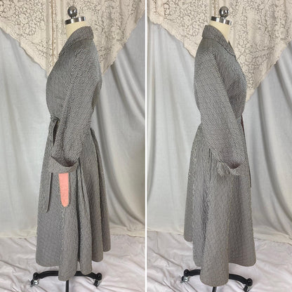 Vintage 1950's Hostess Dress | Quilted Black & White Houndstooth Rayon Taffeta with Pink Lining | Size M, LG | Betty Louise Creations
