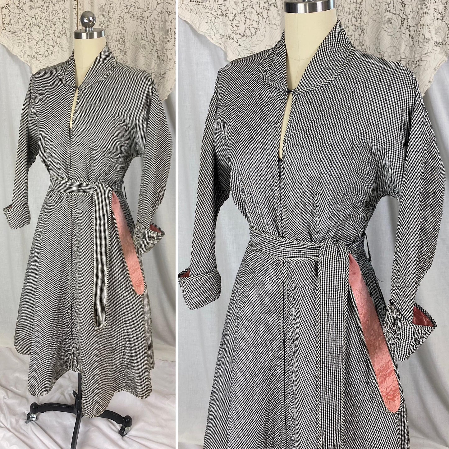 Vintage 1950's Hostess Dress | Quilted Black & White Houndstooth Rayon Taffeta with Pink Lining | Size M, LG | Betty Louise Creations
