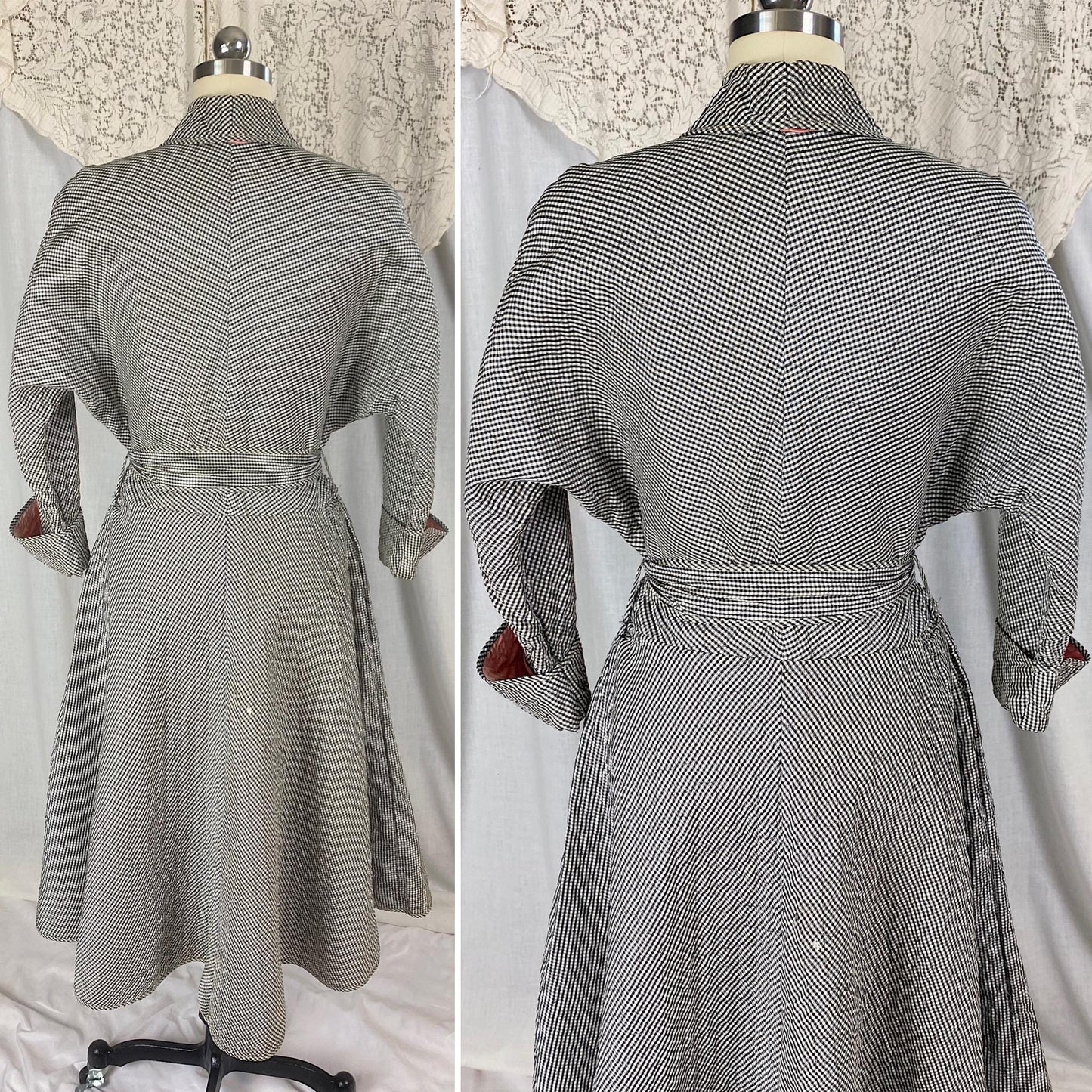 Vintage 1950's Hostess Dress | Quilted Black & White Houndstooth Rayon Taffeta with Pink Lining | Size M, LG | Betty Louise Creations