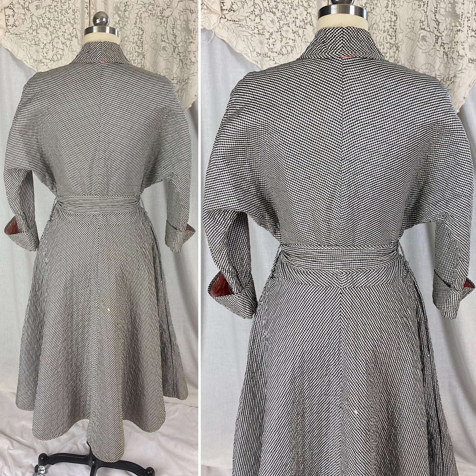 Vintage 1950's Hostess Dress | Quilted Black & White Houndstooth Rayon Taffeta with Pink Lining | Size M, LG | Betty Louise Creations