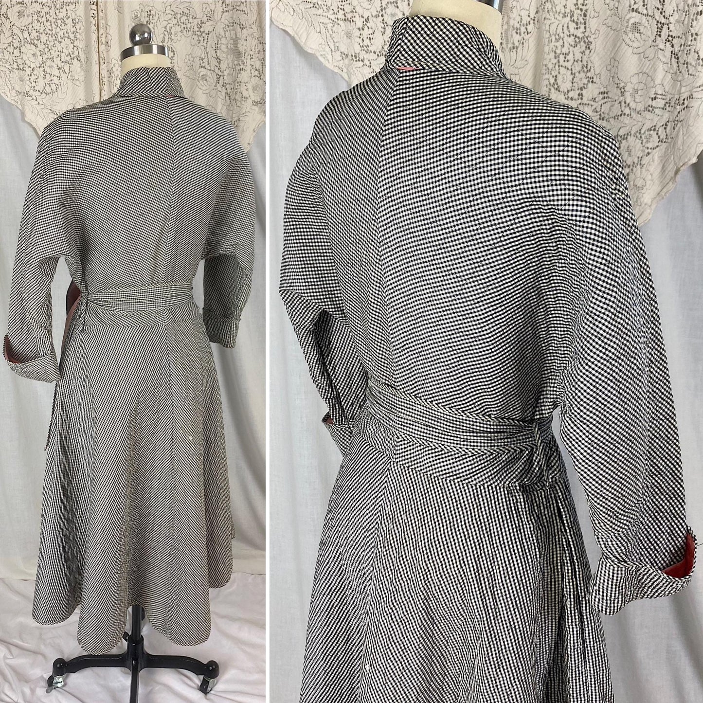 Vintage 1950's Hostess Dress | Quilted Black & White Houndstooth Rayon Taffeta with Pink Lining | Size M, LG | Betty Louise Creations