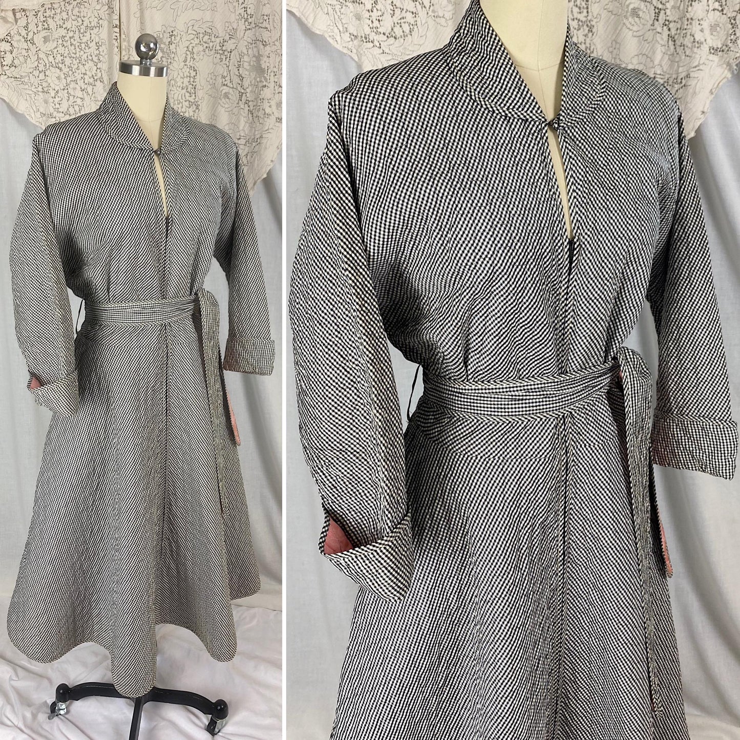 Vintage 1950's Hostess Dress | Quilted Black & White Houndstooth Rayon Taffeta with Pink Lining | Size M, LG | Betty Louise Creations
