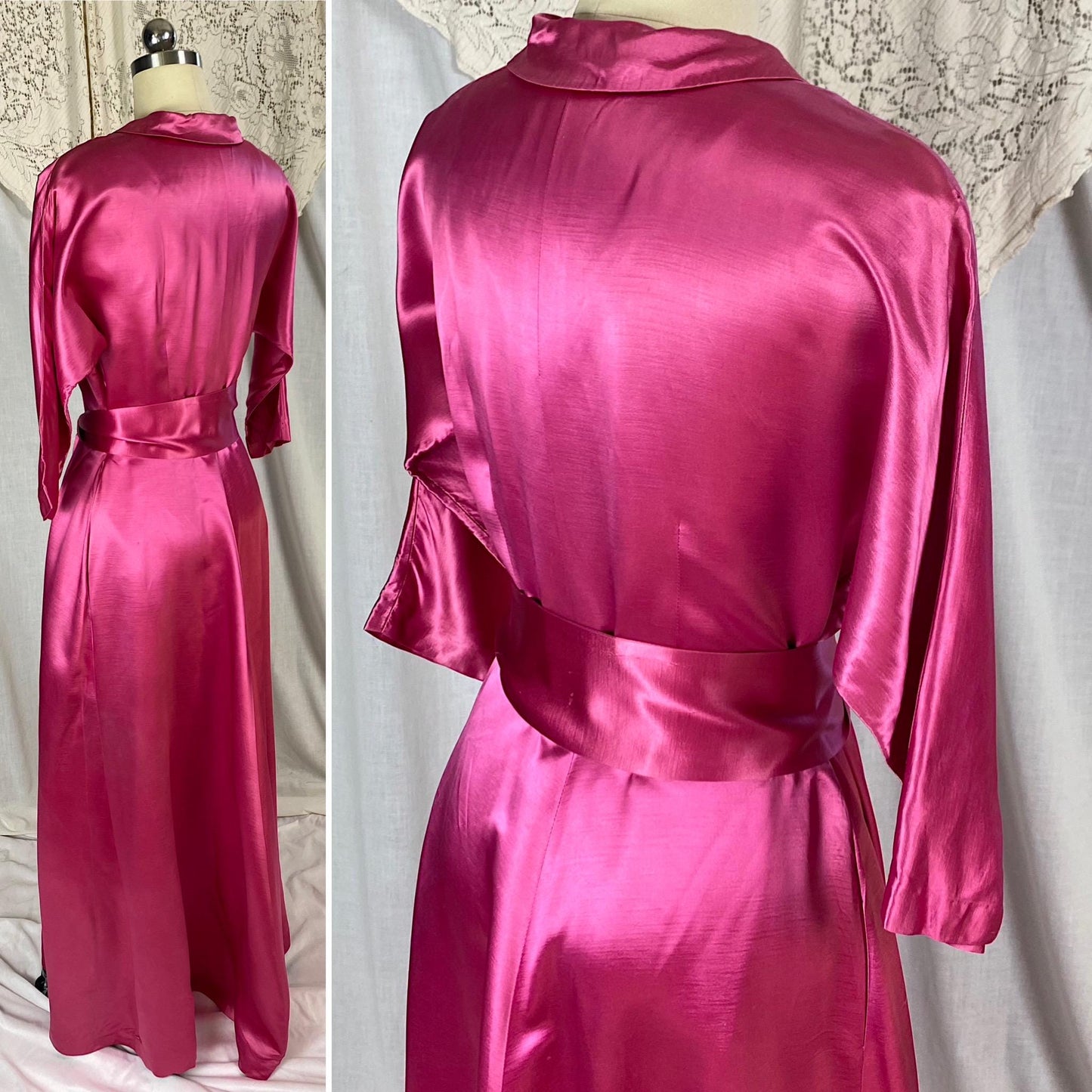 Vintage 1950's Hostess Dress | Hot Pink Rayon Satin with Tasseled Sash Tie | Size XS, S